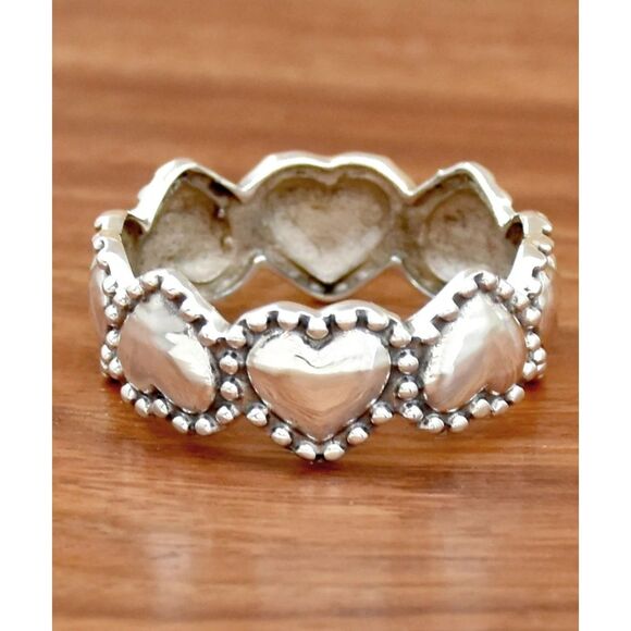Silver Heart Band Eternity Ring Wide Vntg Style Boho Retro Fashion Jewelry sz: 8 - Picture 2 of 4